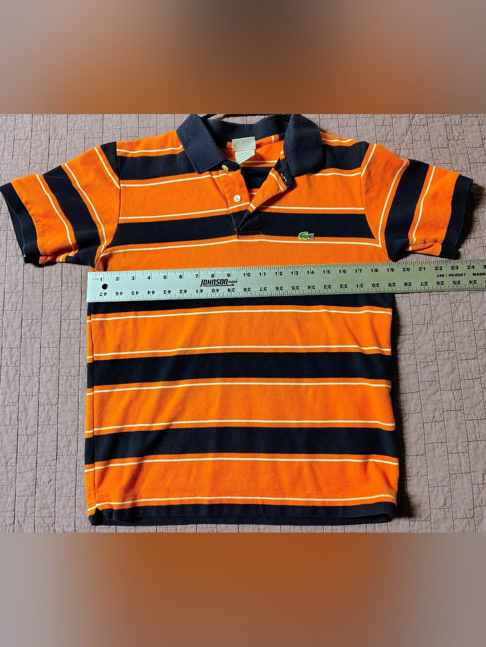 Lacoste Men's Orange Navy Striped Short Sleeve Polo Shirt Size 5 / Medium - Picture 5 of 6